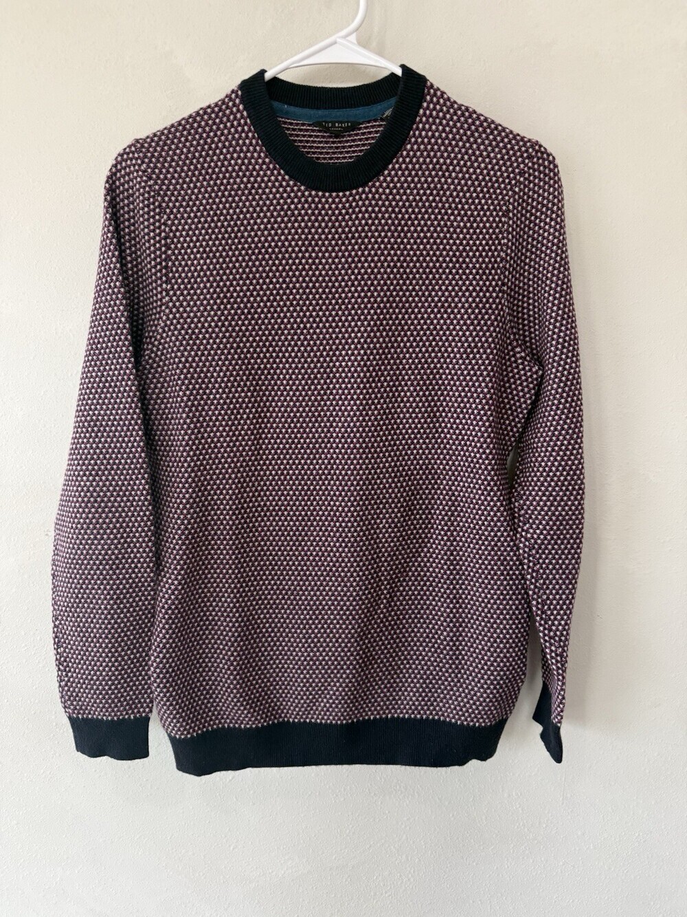 Ted Baker Small 2 London Maroon Navy and White Patterned Crewneck Sweater